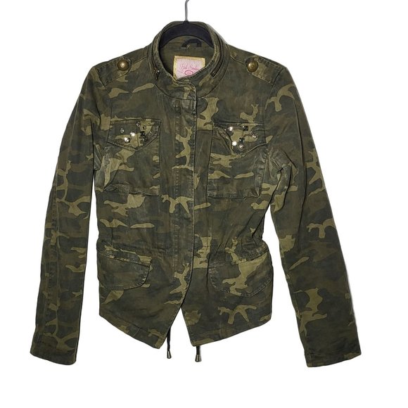 Pink Envelope Women's Jewel Embellished Full Zip Green Camo Jacket Size Medium - Picture 1 of 13